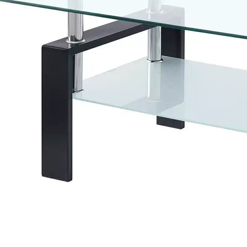 HomeRoots 39 Clear and Black Glass and Steel Coffee Table With Shelf