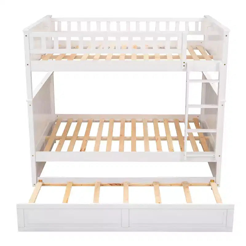 Lit superposé double sur double avec lit gigogne simple, lit superposé en pin avec barrières de sécurité, blanc