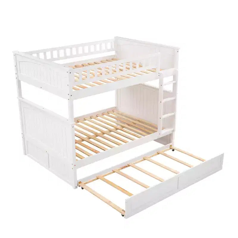 Lit superposé double sur double avec lit gigogne simple, lit superposé en pin avec barrières de sécurité, blanc