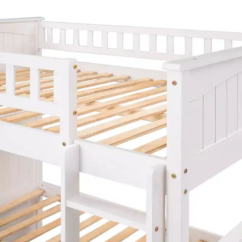 Lit superposé double sur double avec lit gigogne simple, lit superposé en pin avec barrières de sécurité, blanc