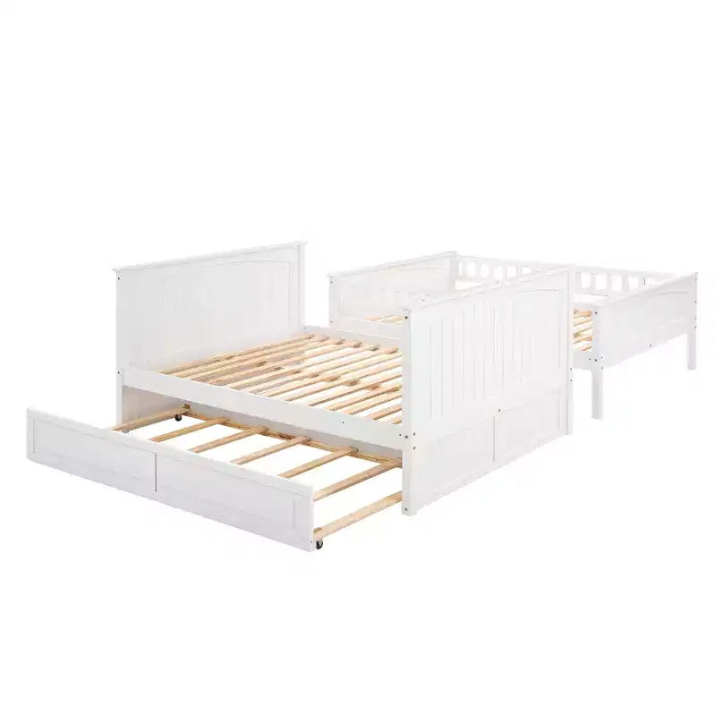 Lit superposé double sur double avec lit gigogne simple, lit superposé en pin avec barrières de sécurité, blanc