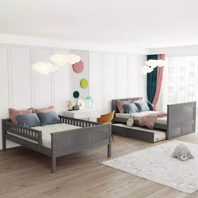 Lit superposé double sur double avec lit gigogne simple, lit superposé en pin avec barrières de sécurité, blanc