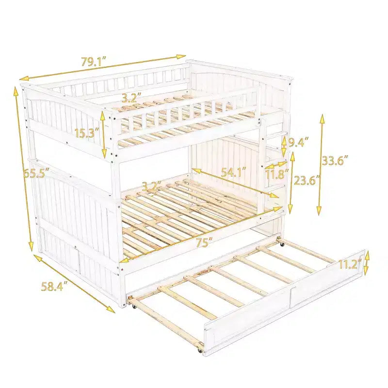 Lit superposé double sur double avec lit gigogne simple, lit superposé en pin avec barrières de sécurité, blanc