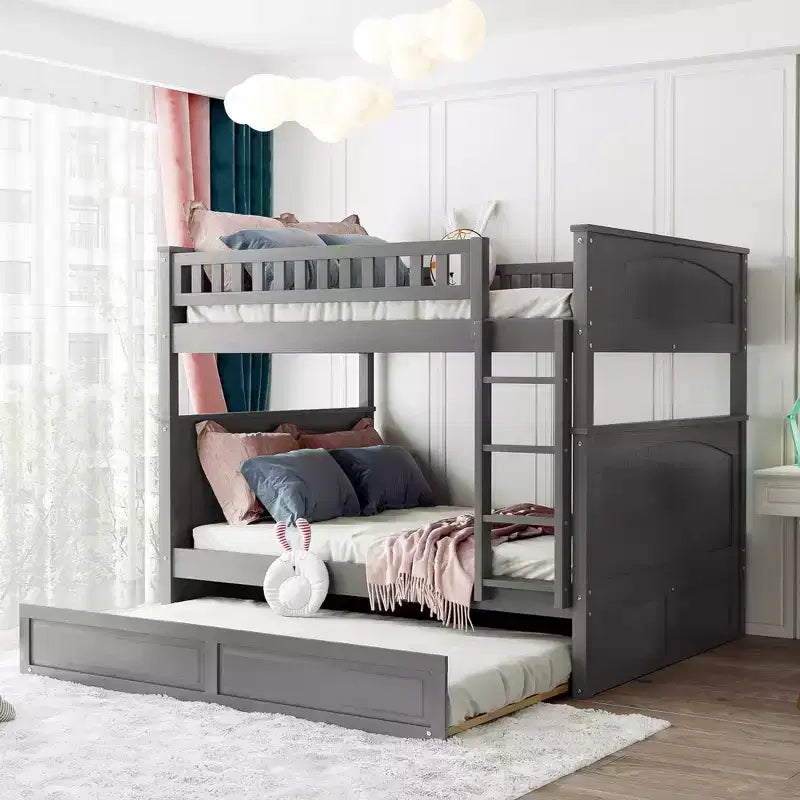 Lit superposé double sur double avec lit gigogne simple, lit superposé en pin avec barrières de sécurité, blanc