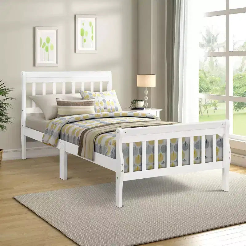 Wood Platform Bed Twin Bed Frame Panel Bed Mattress Foundation Sleigh Bed with Headboard Footboard and Wood Slat Support