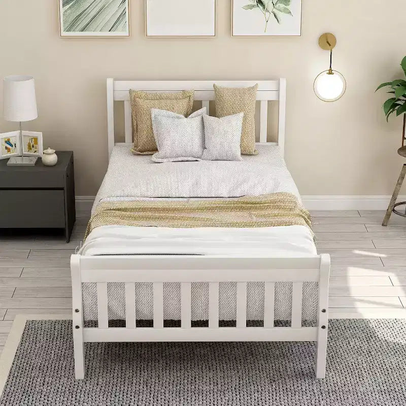 Wood Platform Bed Twin Bed Frame Panel Bed Mattress Foundation Sleigh Bed with Headboard Footboard and Wood Slat Support