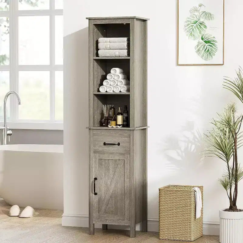 Slim Bathroom Storage Cabinet with Adjustable Shelves, Farmhouse-Style Narrow Bookcase for Organizing Bathroom and Living Room Essentials, Grey