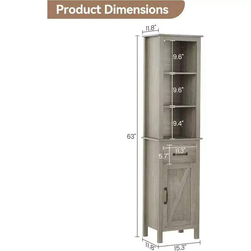 Meuble de rangement de salle de bain étroit avec étagères réglables, bibliothèque étroite de style rustique pour organiser les essentiels de la salle de bain et du salon, gris