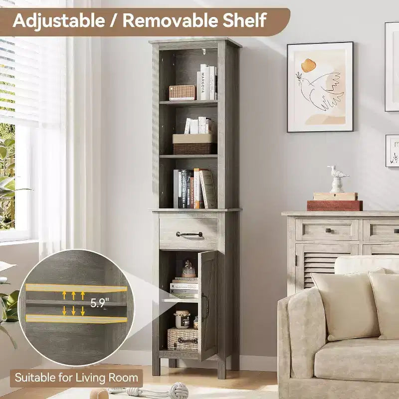 Meuble de rangement de salle de bain étroit avec étagères réglables, bibliothèque étroite de style rustique pour organiser les essentiels de la salle de bain et du salon, gris