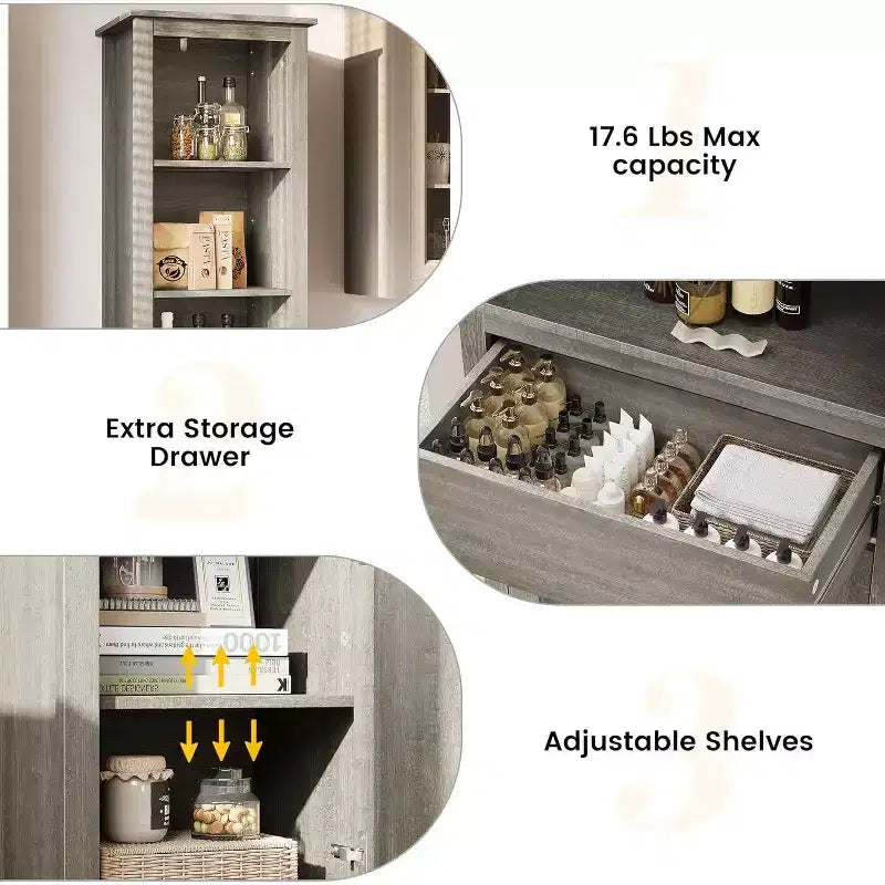 Meuble de rangement de salle de bain étroit avec étagères réglables, bibliothèque étroite de style rustique pour organiser les essentiels de la salle de bain et du salon, gris