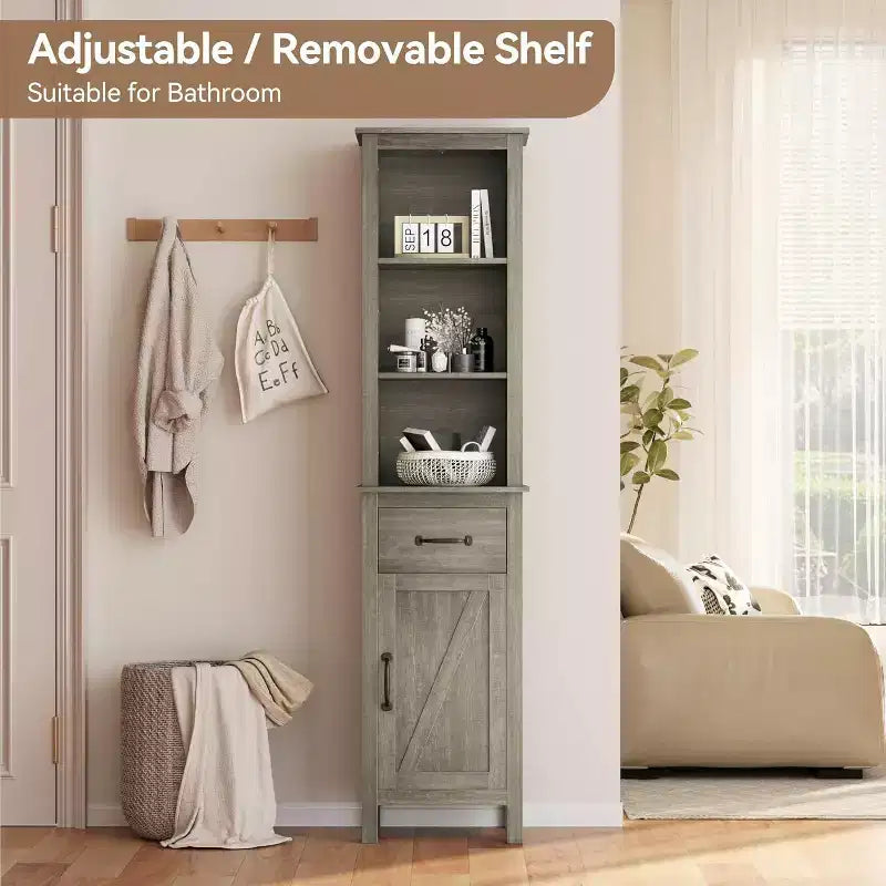 Meuble de rangement de salle de bain étroit avec étagères réglables, bibliothèque étroite de style rustique pour organiser les essentiels de la salle de bain et du salon, gris