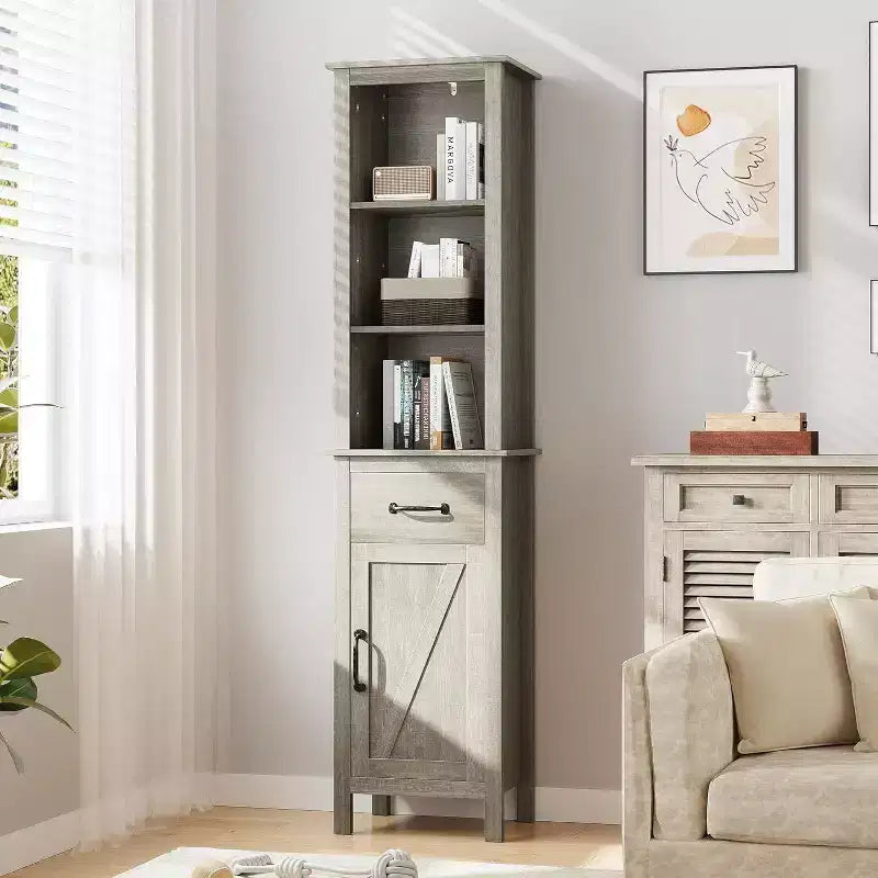 Meuble de rangement de salle de bain étroit avec étagères réglables, bibliothèque étroite de style rustique pour organiser les essentiels de la salle de bain et du salon, gris