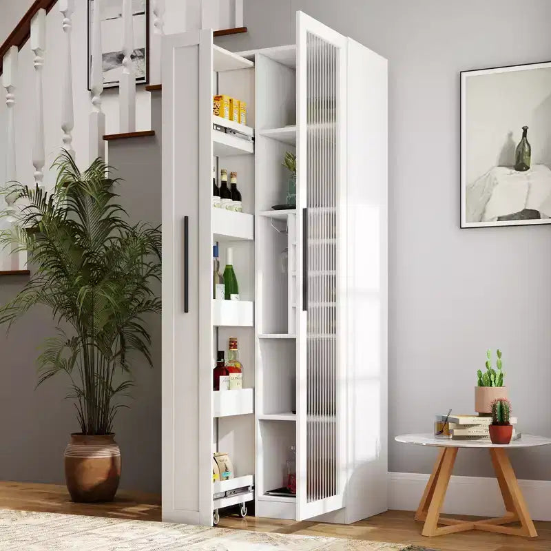 GDFStudio Dillon Modern 70.8 Wood Multi-functional Tall Cabinet with Pull-Out Storage Shelves and Wine Shelves
