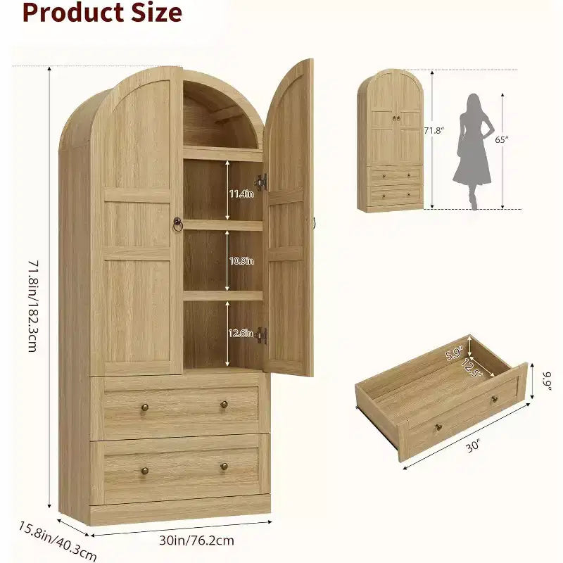 Grand garde-manger de ferme moderne de 183 cm de haut avec portes cintrées et tiroirs, grand meuble de rangement en bois avec étagères épaissies, idéal pour la cuisine
