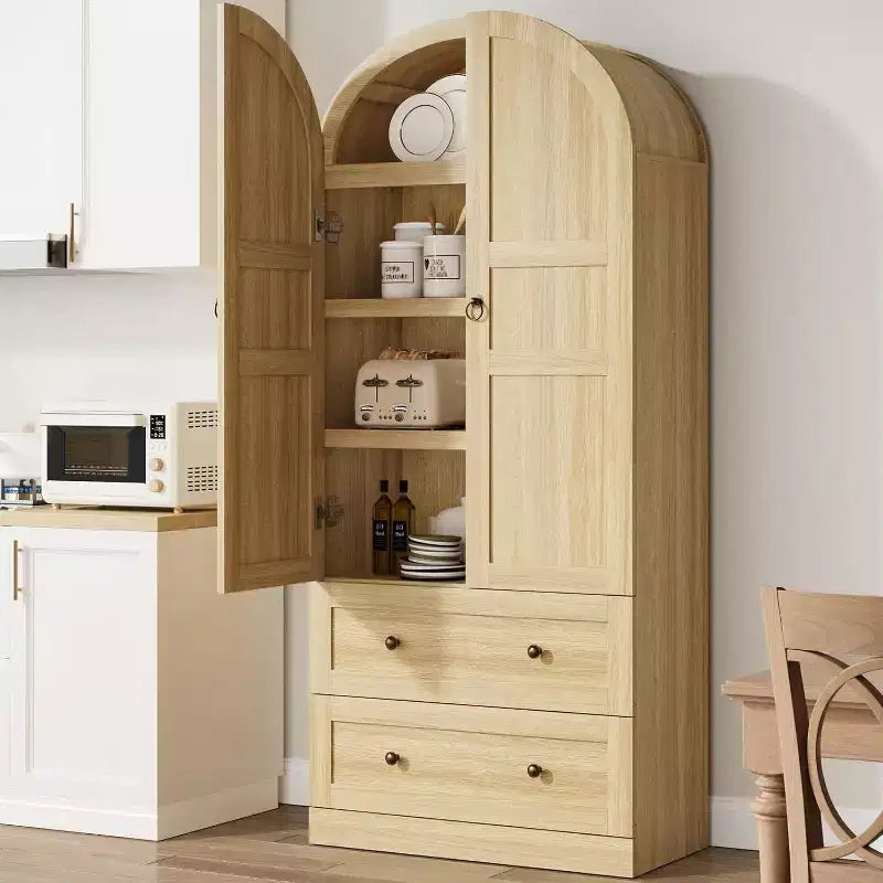 Grand garde-manger de ferme moderne de 183 cm de haut avec portes cintrées et tiroirs, grand meuble de rangement en bois avec étagères épaissies, idéal pour la cuisine