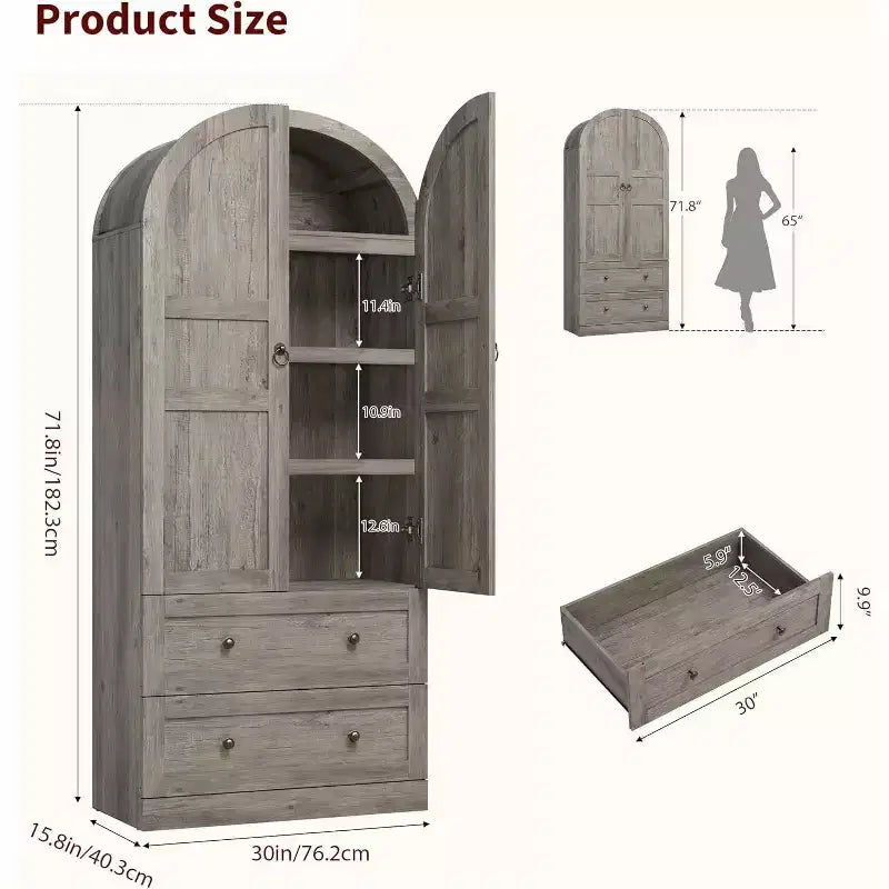 Grand garde-manger de ferme moderne de 183 cm de haut avec portes cintrées et tiroirs, grand meuble de rangement en bois avec étagères épaissies, idéal pour la cuisine