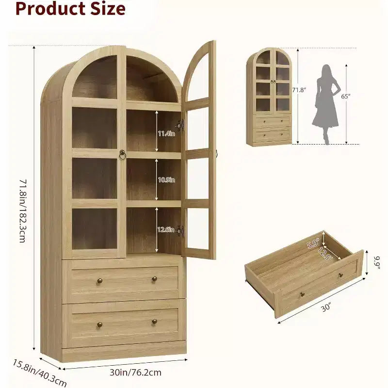 Grand garde-manger de ferme moderne de 183 cm de haut avec portes cintrées et tiroirs, grand meuble de rangement en bois avec étagères épaissies, idéal pour la cuisine