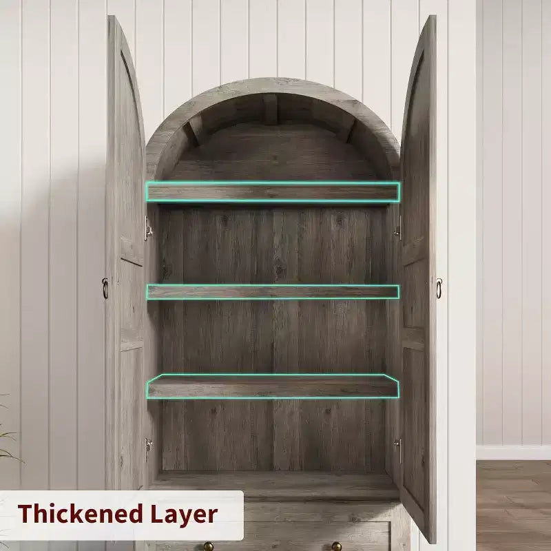 Grand garde-manger de ferme moderne de 183 cm de haut avec portes cintrées et tiroirs, grand meuble de rangement en bois avec étagères épaissies, idéal pour la cuisine