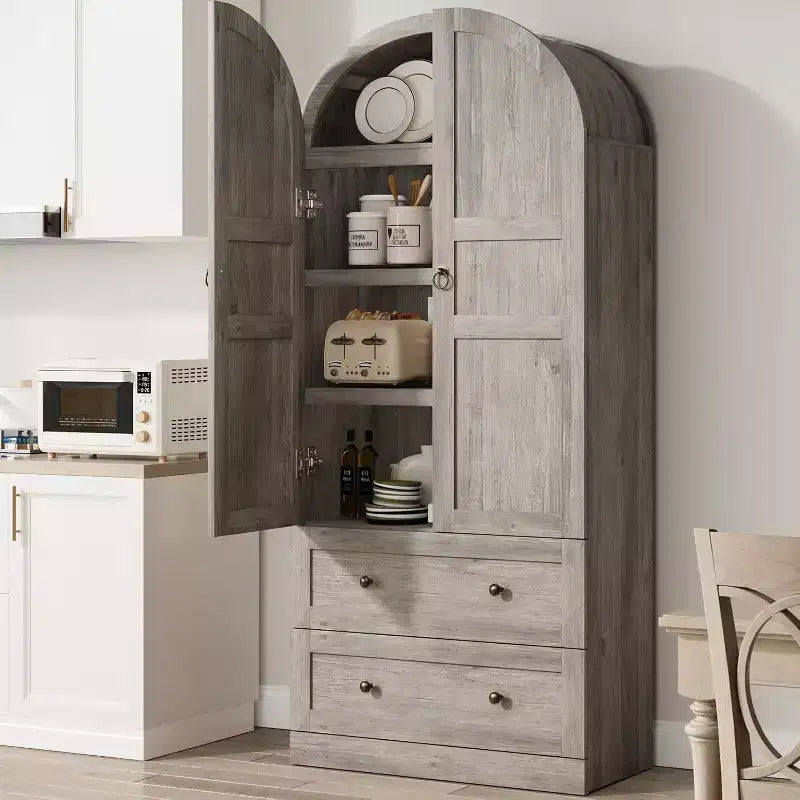 Grand garde-manger de ferme moderne de 183 cm de haut avec portes cintrées et tiroirs, grand meuble de rangement en bois avec étagères épaissies, idéal pour la cuisine