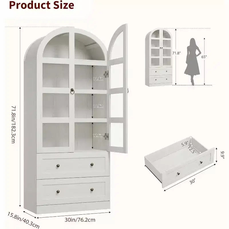 Grand garde-manger de ferme moderne de 183 cm de haut avec portes cintrées et tiroirs, grand meuble de rangement en bois avec étagères épaissies, idéal pour la cuisine