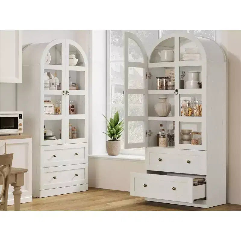 Grand garde-manger de ferme moderne de 183 cm de haut avec portes cintrées et tiroirs, grand meuble de rangement en bois avec étagères épaissies, idéal pour la cuisine