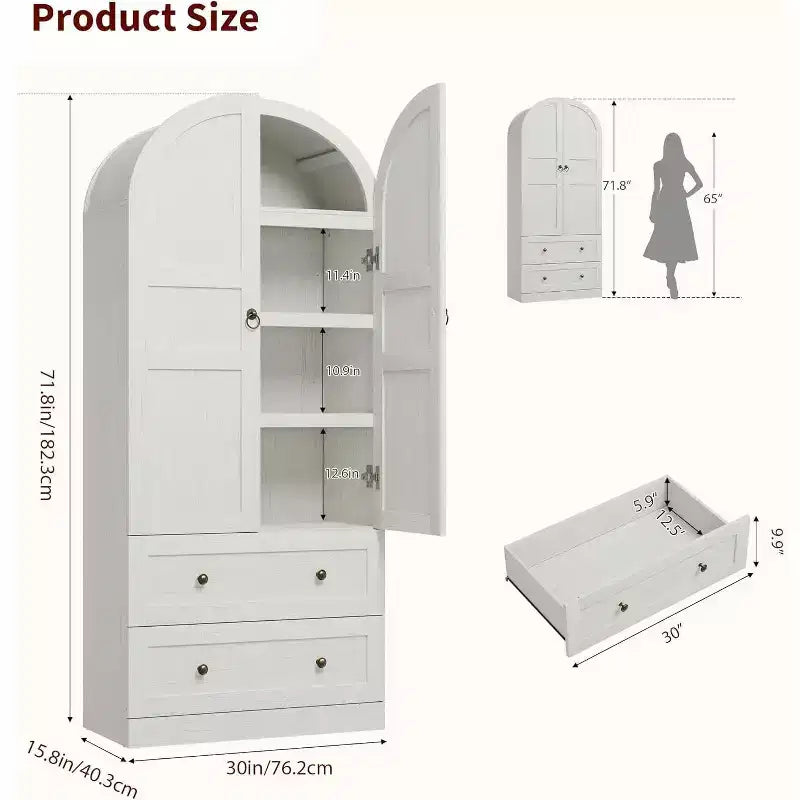 Grand garde-manger de ferme moderne de 183 cm de haut avec portes cintrées et tiroirs, grand meuble de rangement en bois avec étagères épaissies, idéal pour la cuisine