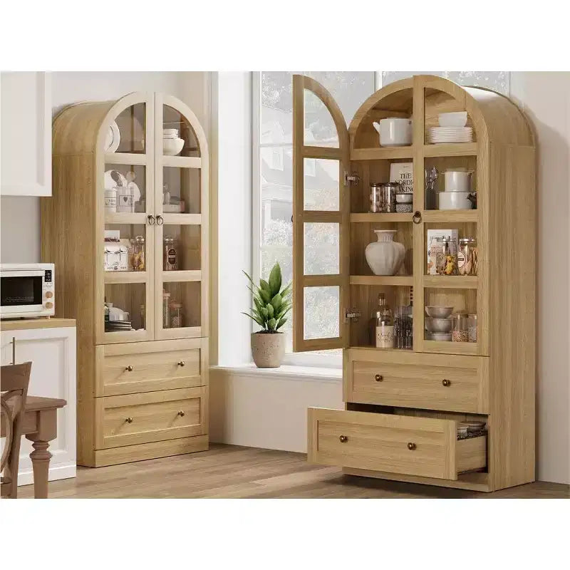 Grand garde-manger de ferme moderne de 183 cm de haut avec portes cintrées et tiroirs, grand meuble de rangement en bois avec étagères épaissies, idéal pour la cuisine