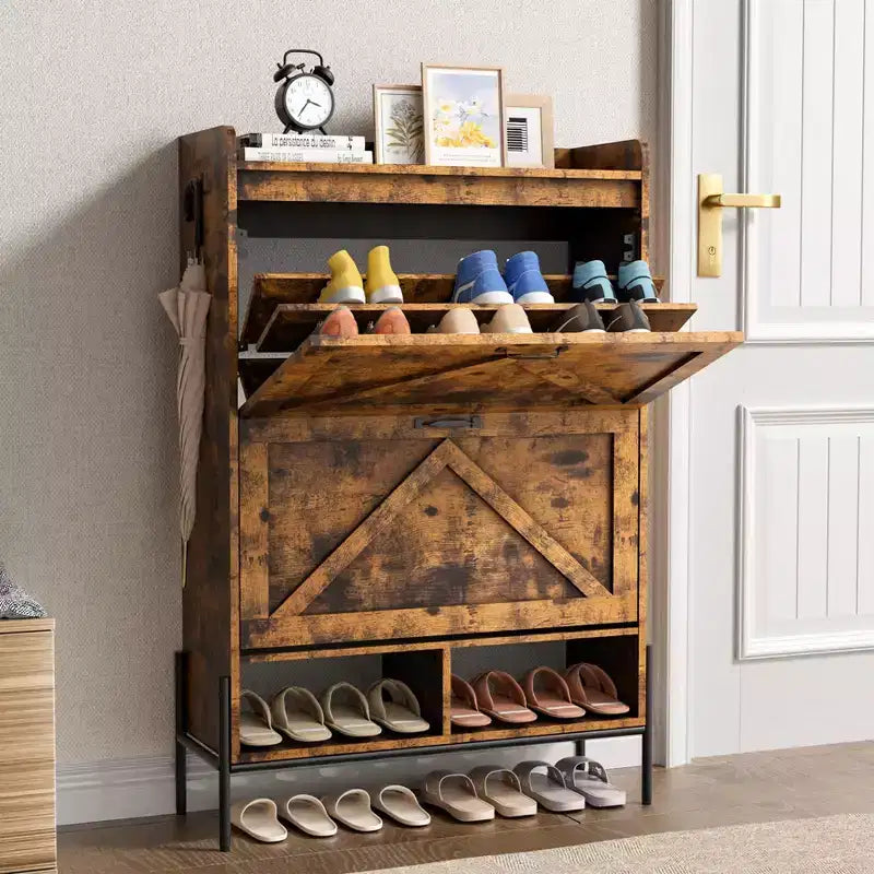Shoe Cabinet with 2 Flip Drawers, Freestanding Entryway Shoe Storage Organizer, Narrow Rack Cabinet