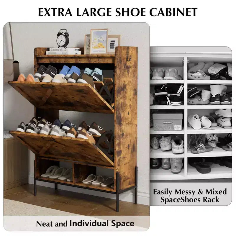 Shoe Cabinet with 2 Flip Drawers, Freestanding Entryway Shoe Storage Organizer, Narrow Rack Cabinet