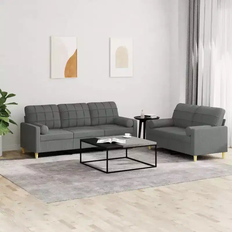 vidaXL Dark Gray Fabric Sofa Set - Modern 2-Piece Living Room Furniture - Includes 2-Seater, 3-Seater, Throw Pillows and Cushions