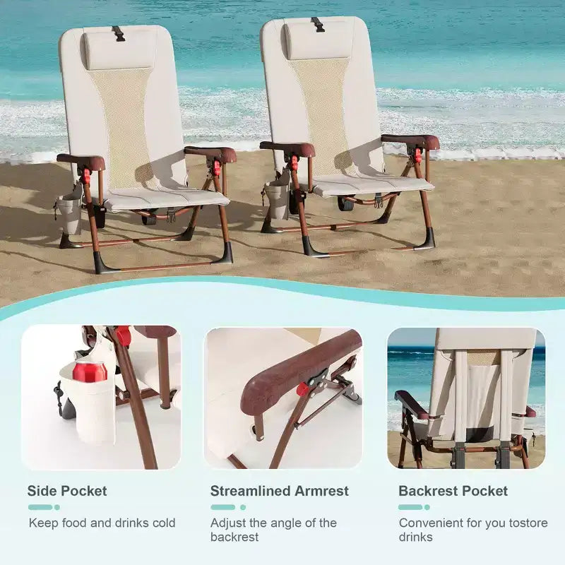 Chaise de plage sac à dos portable pour adultes - Chaise de camping pliante avec pochette de rangement et porte-gobelet, chaises longues réglables pour l'extérieur, les voyages, les pique-niques