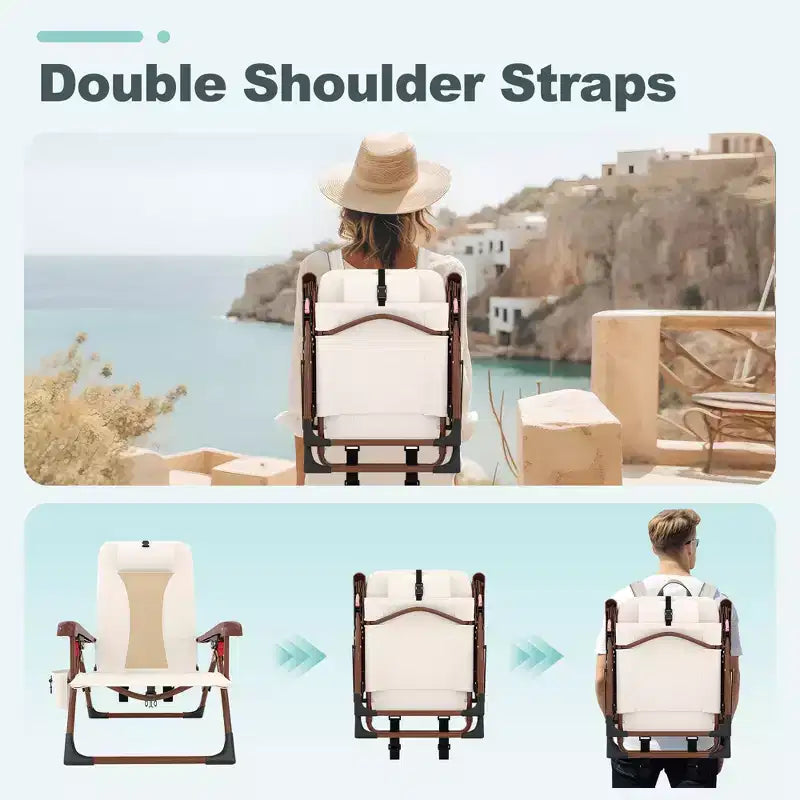Chaise de plage sac à dos portable pour adultes - Chaise de camping pliante avec pochette de rangement et porte-gobelet, chaises longues réglables pour l'extérieur, les voyages, les pique-niques