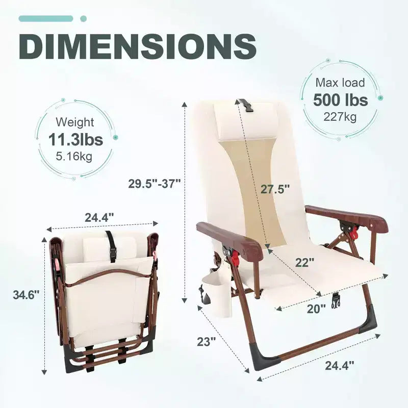 Chaise de plage sac à dos portable pour adultes - Chaise de camping pliante avec pochette de rangement et porte-gobelet, chaises longues réglables pour l'extérieur, les voyages, les pique-niques