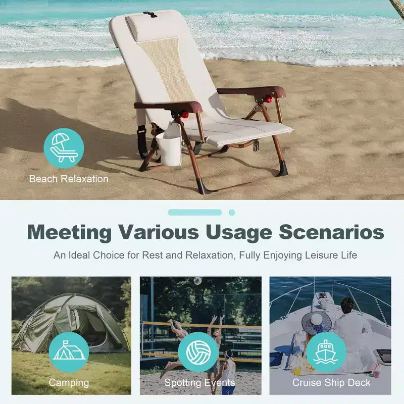 Chaise de plage sac à dos portable pour adultes - Chaise de camping pliante avec pochette de rangement et porte-gobelet, chaises longues réglables pour l'extérieur, les voyages, les pique-niques