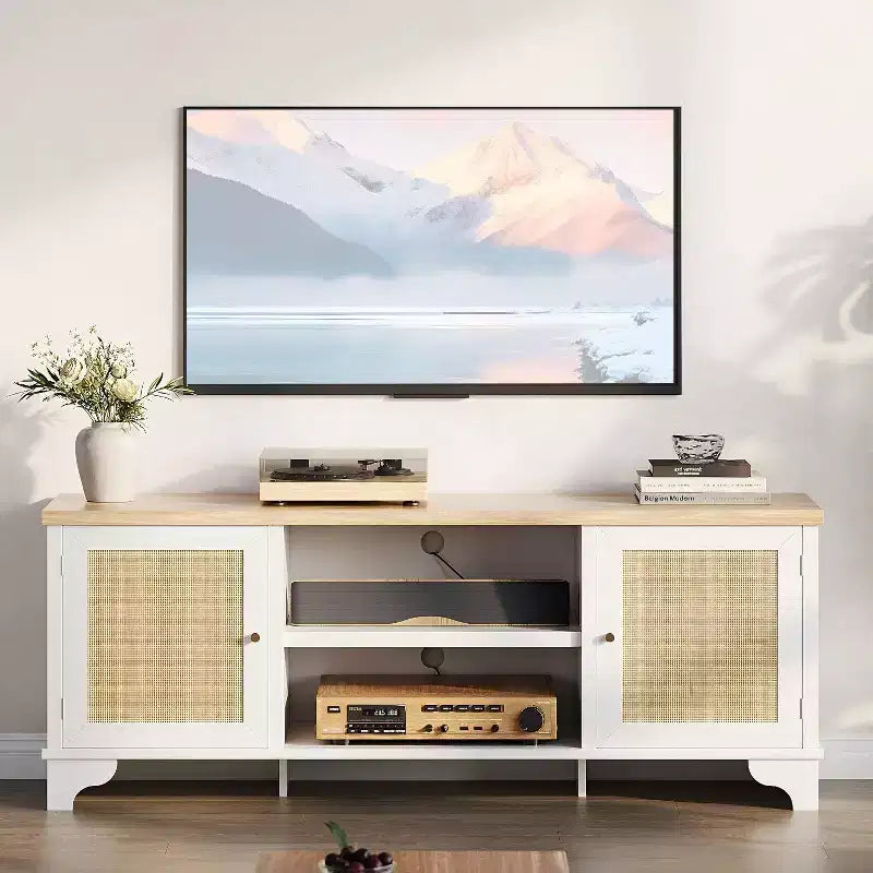70 Rattan TV Stand with 2 Cabinets & Shelf, Boho Media Console Table for Apartment or Living Room, Black Finish