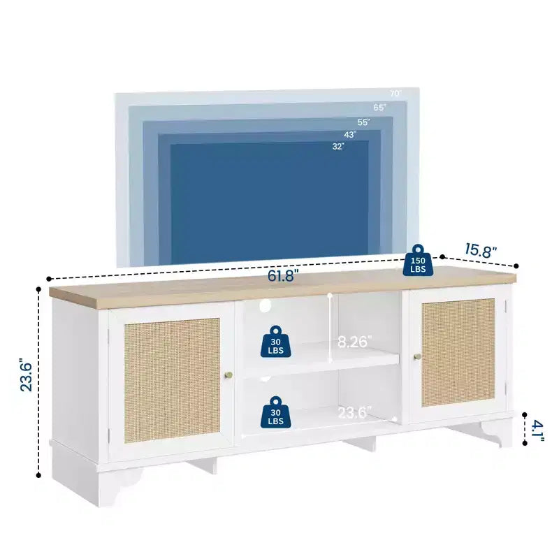 70 Rattan TV Stand with 2 Cabinets & Shelf, Boho Media Console Table for Apartment or Living Room, Black Finish