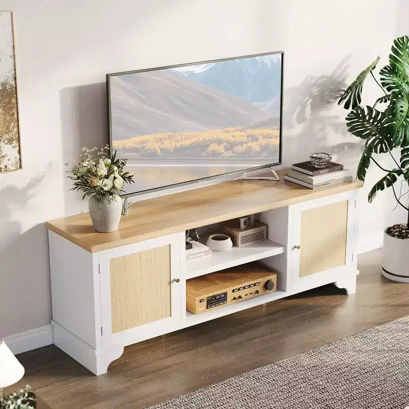 70 Rattan TV Stand with 2 Cabinets & Shelf, Boho Media Console Table for Apartment or Living Room, Black Finish