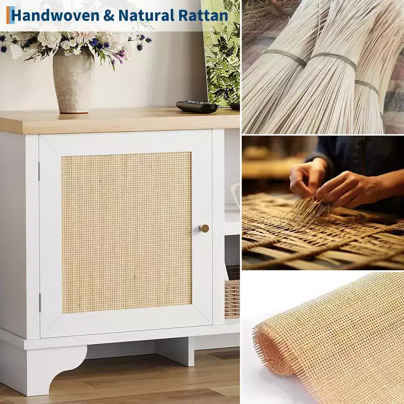 70 Rattan TV Stand with 2 Cabinets & Shelf, Boho Media Console Table for Apartment or Living Room, Black Finish
