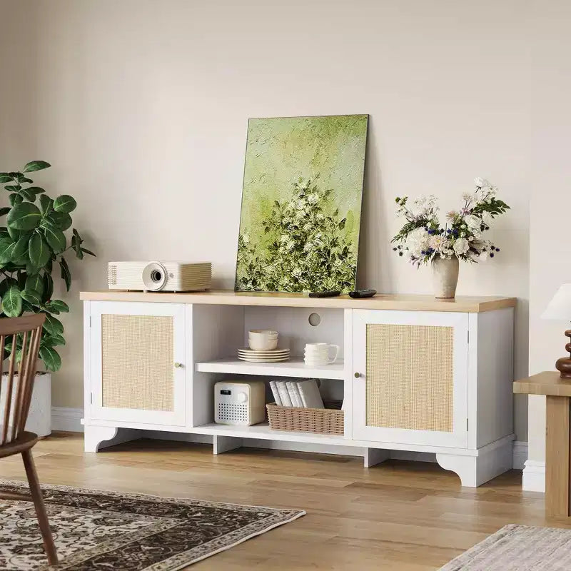 70 Rattan TV Stand with 2 Cabinets & Shelf, Boho Media Console Table for Apartment or Living Room, Black Finish
