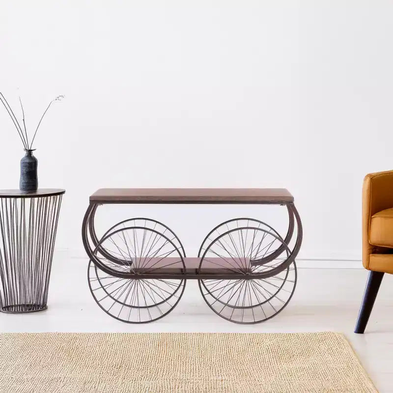 Vintiquewise Table Console Style Chariot Industriel Plateau en Bois Rustique Grandes Roues à Rayons en Métal et Étagère de Rangement Inférieure Table d'Appoint Vintage