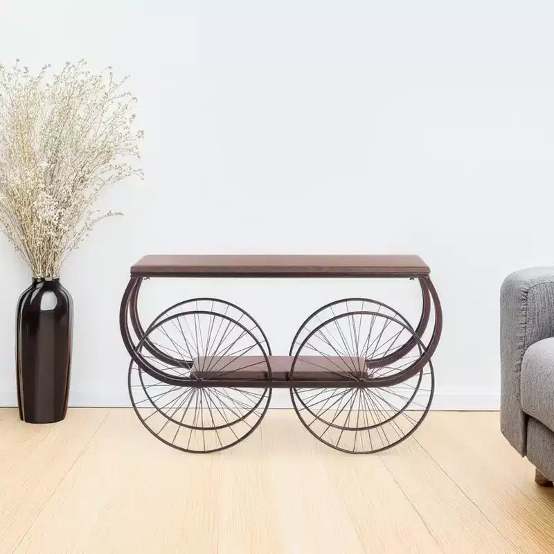 Vintiquewise Table Console Style Chariot Industriel Plateau en Bois Rustique Grandes Roues à Rayons en Métal et Étagère de Rangement Inférieure Table d'Appoint Vintage