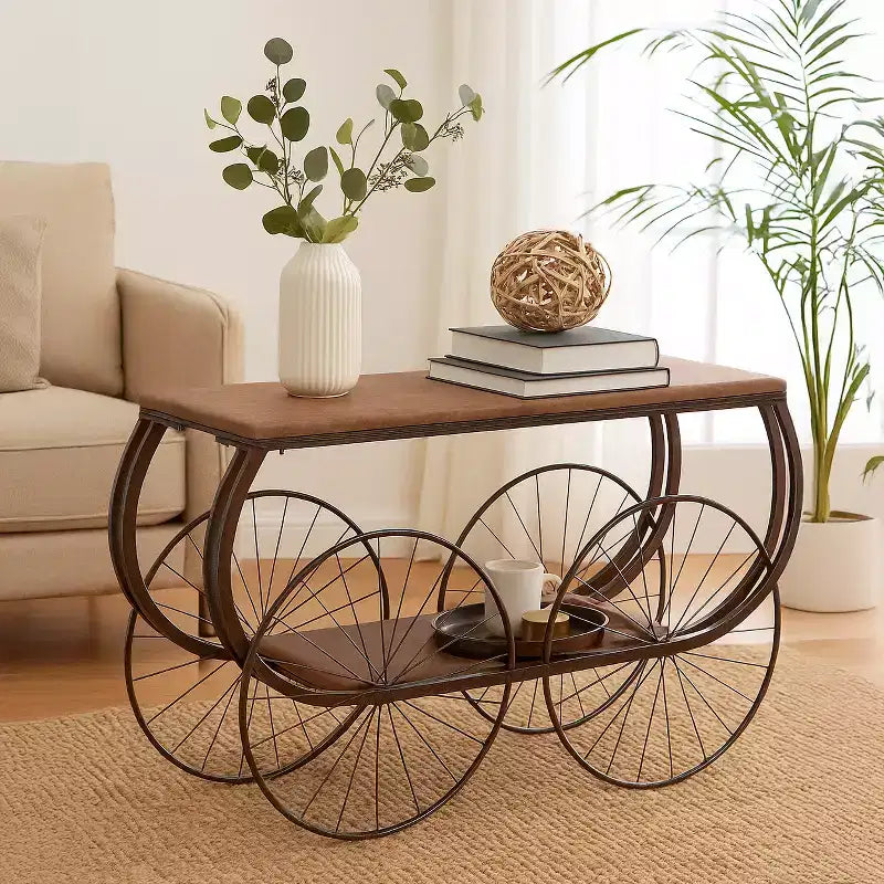 Vintiquewise Table Console Style Chariot Industriel Plateau en Bois Rustique Grandes Roues à Rayons en Métal et Étagère de Rangement Inférieure Table d'Appoint Vintage