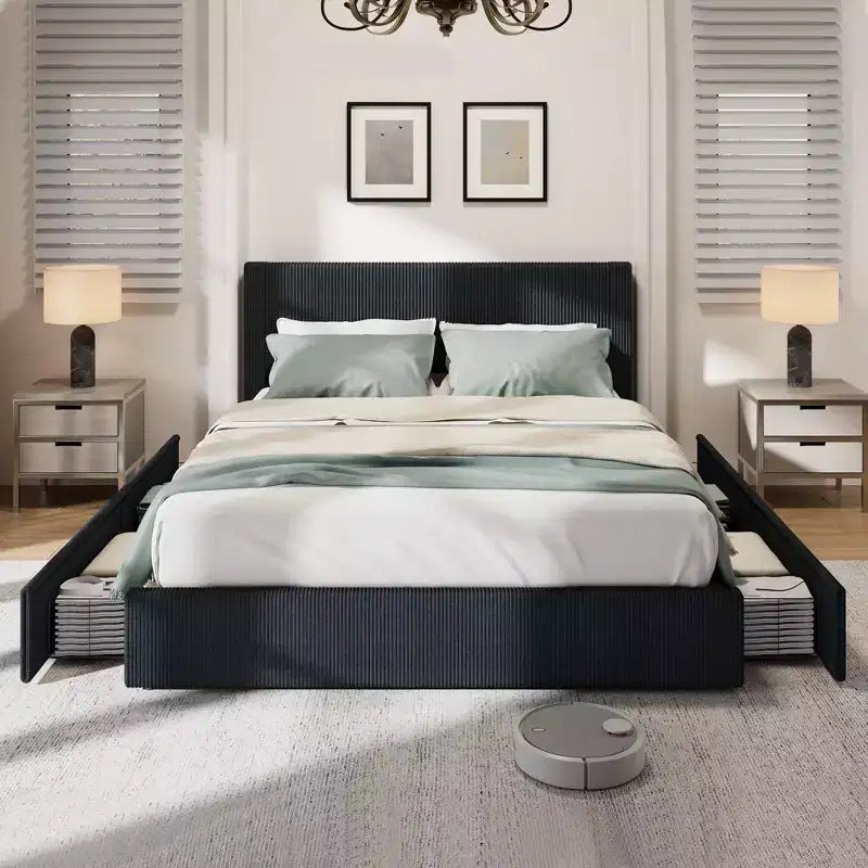 Cadre de lit King Size avec tête de lit haute capitonnée à oreilles, cadre de lit King Size en velours rembourré avec 4 tiroirs de rangement et support à lattes en bois