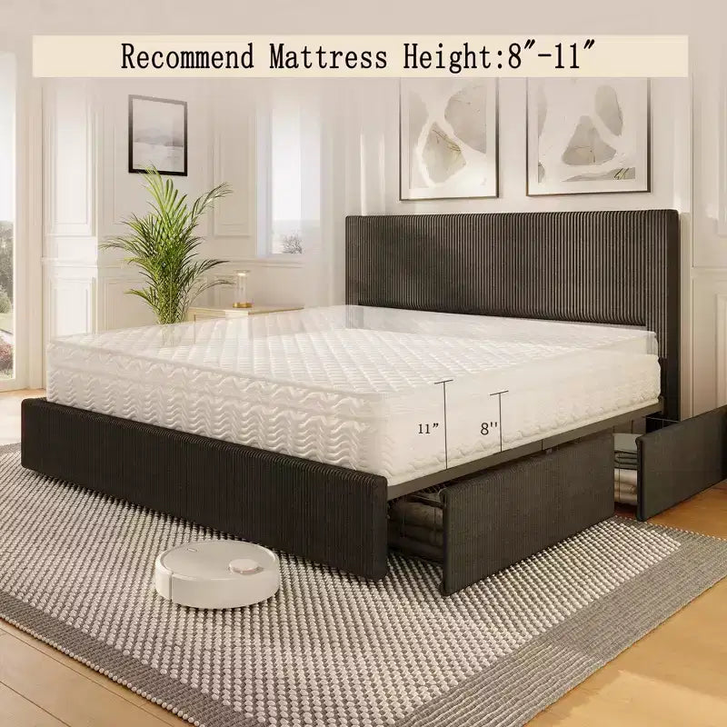 Cadre de lit King Size avec tête de lit haute capitonnée à oreilles, cadre de lit King Size en velours rembourré avec 4 tiroirs de rangement et support à lattes en bois