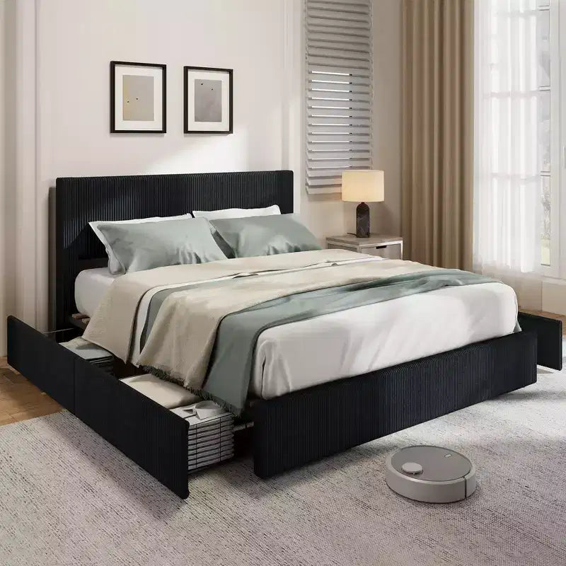 Cadre de lit King Size avec tête de lit haute capitonnée à oreilles, cadre de lit King Size en velours rembourré avec 4 tiroirs de rangement et support à lattes en bois