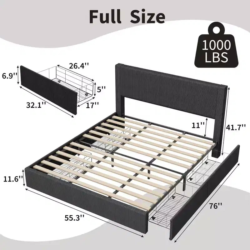 Cadre de lit King Size avec tête de lit haute capitonnée à oreilles, cadre de lit King Size en velours rembourré avec 4 tiroirs de rangement et support à lattes en bois