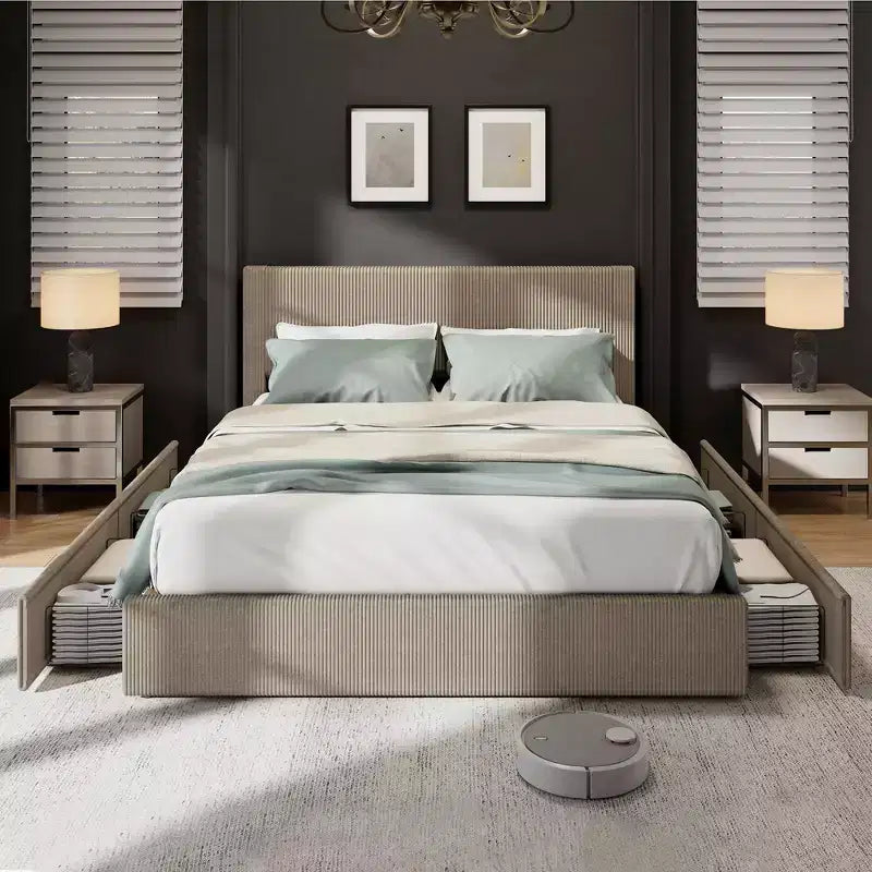 Cadre de lit King Size avec tête de lit haute capitonnée à oreilles, cadre de lit King Size en velours rembourré avec 4 tiroirs de rangement et support à lattes en bois
