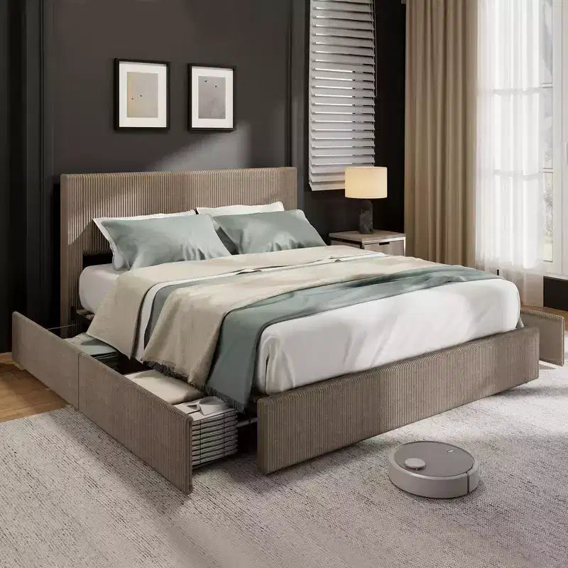 Cadre de lit King Size avec tête de lit haute capitonnée à oreilles, cadre de lit King Size en velours rembourré avec 4 tiroirs de rangement et support à lattes en bois