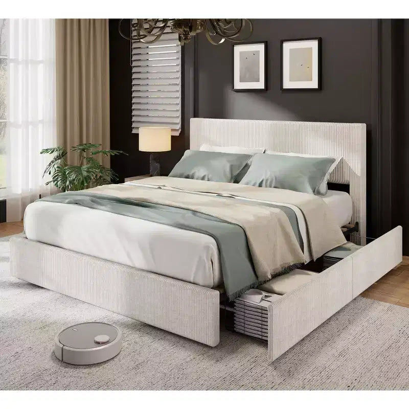 Cadre de lit King Size avec tête de lit haute capitonnée à oreilles, cadre de lit King Size en velours rembourré avec 4 tiroirs de rangement et support à lattes en bois