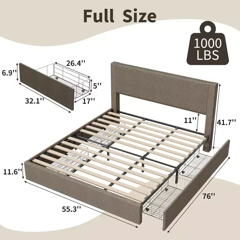 Cadre de lit King Size avec tête de lit haute capitonnée à oreilles, cadre de lit King Size en velours rembourré avec 4 tiroirs de rangement et support à lattes en bois